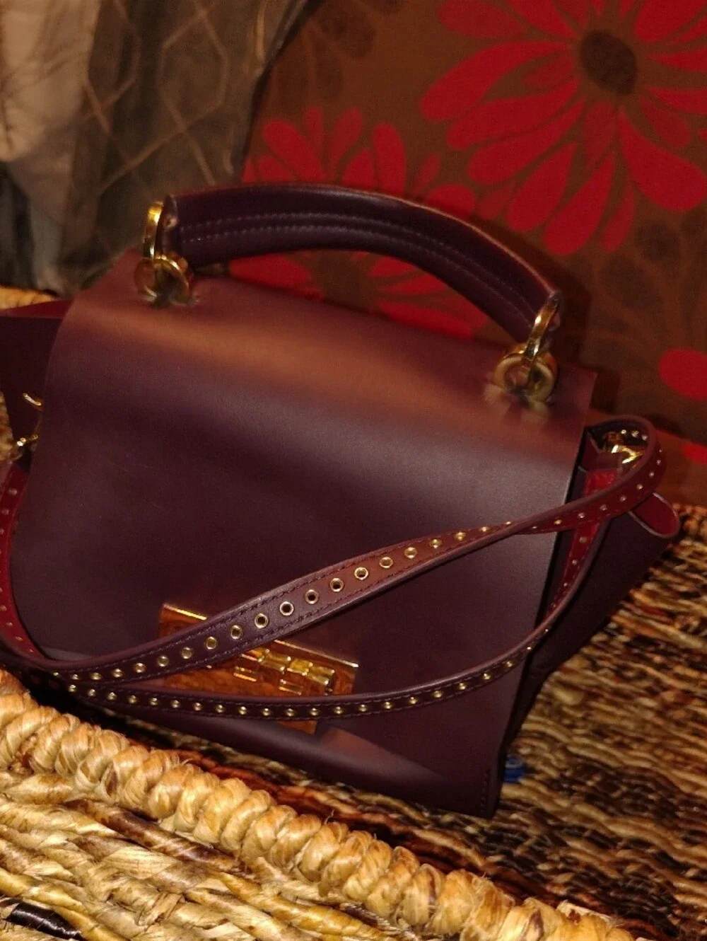 Designer Iconic Grommetted Crossbody Leather Top-Handle Satchel in Deep Plum
